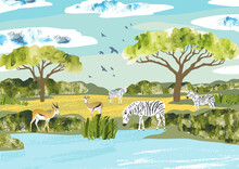 African Landscape. Zebras And Antelopes Congregate Around A Waterhole. Nature Vector Illustration With Animals, Birds, Trees And Clouds. Nature Illustration For Touristic, Safari And Zoo