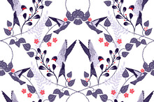 Elegant Seamless Pattern With Swallow, Leaves, Branches And Red Flowers. Can Be Used For Home Textile, Fabric Design, Wallpapers.