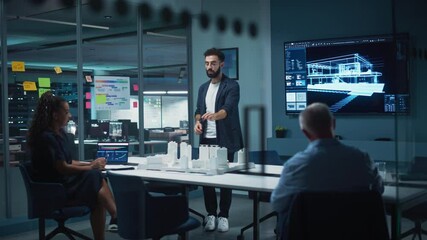 Poster - Creative Architect Holds Meeting Presentation of a New Housing Project for a Team of Real Estate Investors. Adult Male Uses TV Screen with Technical Drawings, 3D Renders and Engineering Plans.
