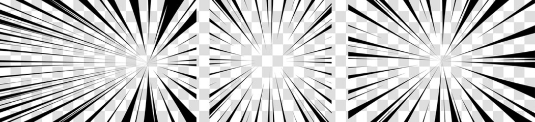 Radial comics lines. Set of Anime action frame lines. Manga motion radial lines. Abstract explosive rectangle and square template with speed lines on transparent background. Vector illustration