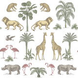 Fototapeta Konie - Tropical ink drawn palm trees,  lion, giraffe,rhino, leopard, flamingo summer floral seamless pattern.Exotic jungle toile wallpaper.