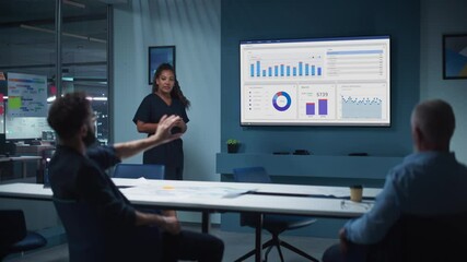 Poster - Company Operations Director Holds Sales Meeting Presentation for a Team of Executives. Multiethnic Female Uses TV Screen with Growth Analysis, Charts, Statistics and Data. Work in Business Office.