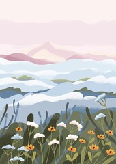 peaceful landscape with fog over meadow of spring flowers in morning. calm idyllic nature in mist.tr