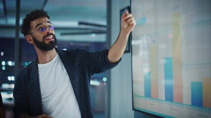 Poster - Company Operations Director Holds Sales Meeting Presentation for Employees and Executives. Creative Male Uses TV Screen with Growth Analysis, Charts, Ad Revenue and Data. Work in Business Office.