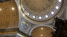 ROME - AUGUST 22, 2019: Architectural Details Of The Dome At St. Peter's Basilica, In The Vatican, Rome, Italy. 4K, Medium Shot, Handheld