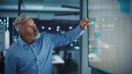Poster - Company General Manager Holds Sales Meeting Presentation for Employees and Executives. Senior Adult Male Uses TV Screen with Growth Analysis, Charts, Ad Revenue. Work in Business Office.