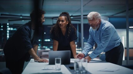 Poster - Office Conference Room Meeting: Diverse Team of Top Managers Talk, Brainstorm, Use Laptop Computer. Business Partners Discuss Financial Reports, Plan Investment Strategy and Managerial Operations.