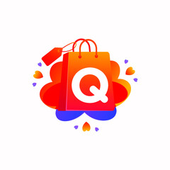 Q letter with love shopping bag icon and Sale tag vector element design. Q alphabet illustration template for corporate identity, Special offer tag, Super Sale label, sticker, poster etc.