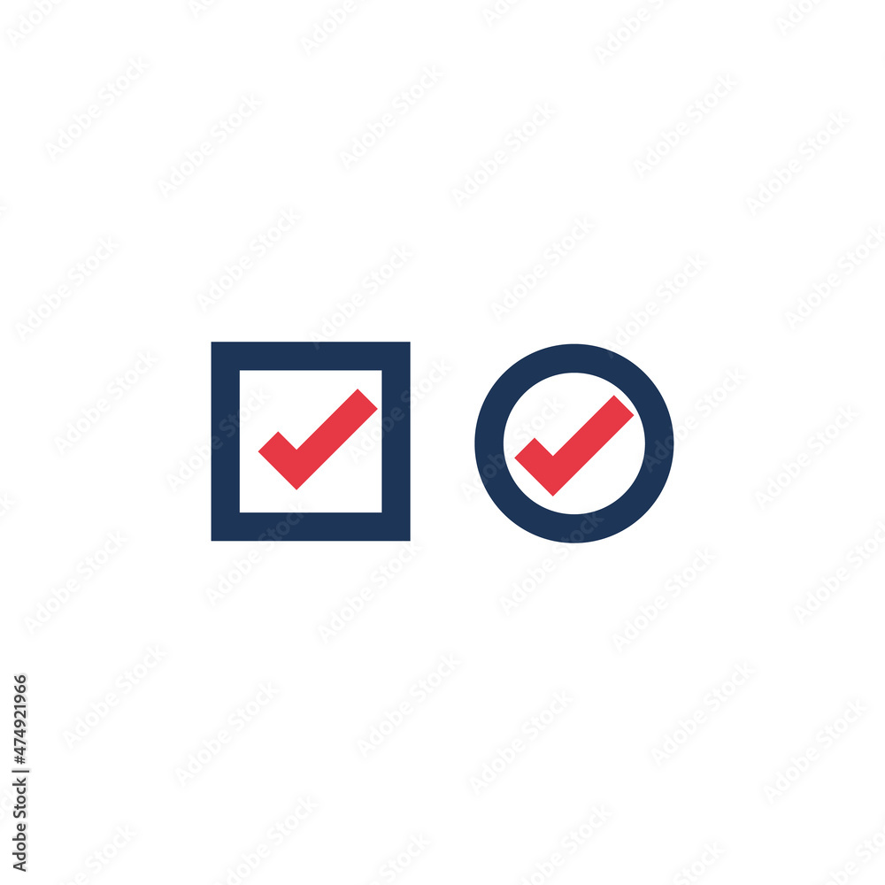 Set of check mark, square and round check box icons. Stock vector ...