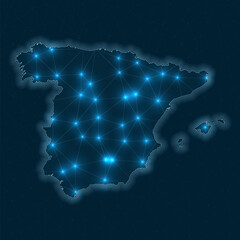 Poster - Spain network map. Abstract geometric map of the country. Digital connections and telecommunication design. Glowing internet network. Classy vector illustration.