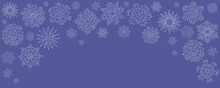 Snowy Panoramic Background Of Crystal Snowflakes In Very Peri Color. Hand Drawn Vector Illustration Of Winter Weather. Template For Christmas And New Year Cards. Banner Falling Snow Flakes.