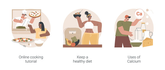 Poster - Food and nutrition tips abstract concept vector illustration set. Online cooking tutorial, keep a healthy diet, uses of Calcium, culinary video course, home chef, food blogger abstract metaphor.