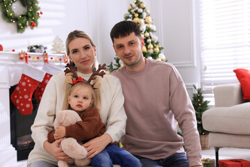 Sticker - Happy family in room decorated for Christmas