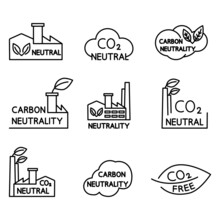 Carbon Neutral. Set Of CO2 Recycling Icons. Eco Factory Symbol. Net Zero Carbon Footprint. No Air Atmosphere Pollution