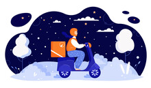 Food Delivery Express Service In Winter Vector Illustration. Cartoon Courier Driver Delivering Groceries With Moped, Riding Motor Scooter On City Street Covered With Snow, Christmas Snowy Night