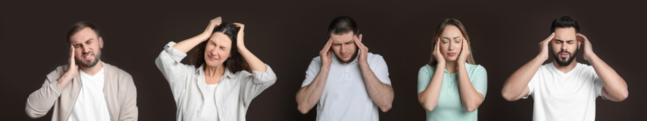 Collage with photos of people suffering from headache on brown background. Banner design