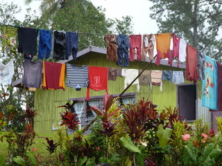 Green Fijian woodhouse with colourful laundry in front in a remote Fijian village, Viti Levu, Fiji