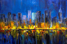 Oil Painting - City Skyline, Manhattan Bay, New York