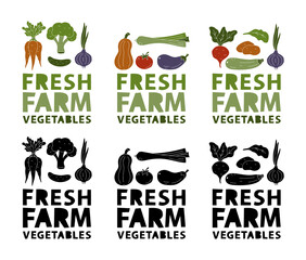 Fresh farm vegetables. Vertical hand drawn poster, label with isolated elements, lettering. Color and black silhouette illustration on white background. Vector graphic set for print of organic food