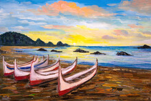Oil Painting - Aboriginal Canoe At Sunrise, In Lanyu(Orchid Island), Taitung, Taiwan