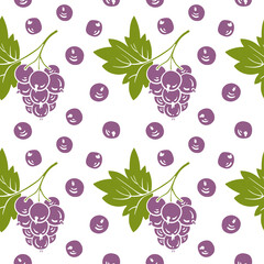 Wall Mural - Seamless pattern with black currant. Colorful paper cut collection of wild and garden berries and leaves in  style isolated on white background. Doodle hand drawn vector illustration