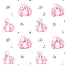 Seamless Pattern With Pink Swans And Flowers; Watercolor Hand Drawn Illustration; With White Isolated Background