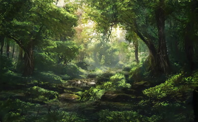 Fototapete - Artwork is a fabulous landscape of mountains, trees, rivers and grass, a fantasy sketch of amazing nature. Artwork sketch of beautiful mystical trees. Illustration