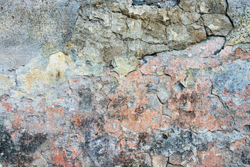 Wall Mural - Old cracked weathered painted wall background texture. Light peeled plaster wall with falling off flakes of paint