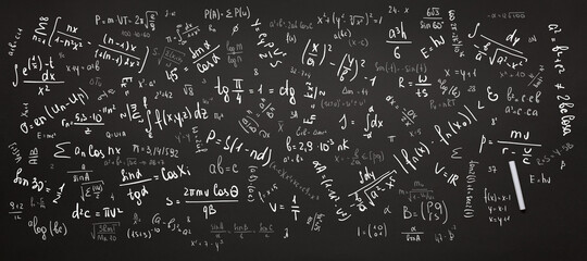 Wall Mural - math background, numbers, equations and formulas are written on a black chalkboard with chalk concept for study, school, education, exams, tests