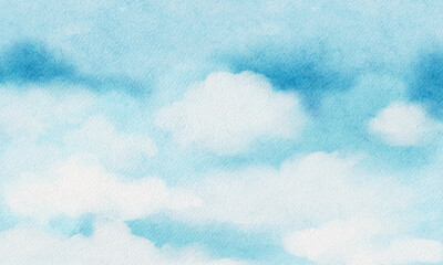 blue sky with fluffy cloud,watercolour hand painted sky on white paper,illustration beautiful nature