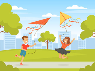 Poster - Little Boy and Girl Flying Kite Holding It by String Playing Outdoor Vector Illustration