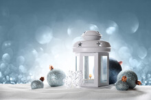 Christmas Lantern With Decorations On Light Background. Christmas Decoration