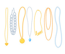 Necklaces, Chains And Beads Collection. Pearl Jewellery And Bijouterie Set. Neck Accessories. Flat Vector 