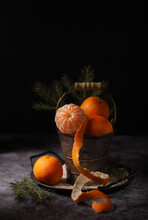 Still Life With Fresh Tangerines In A Vintage Bucket In Retro Style.