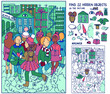 Find hidden objects. Children are skating on ice in the city. Puzzle for kids. Christmas game for family celebration or school, party. Hand drawn vector.