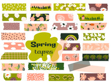 Spring Washi Tapes. Vector Set Pieces Of Paper. Flowers, Leaves, Trees, Firs, Dots. Masking Tape Or  Adhesive Strips For Frames, Scrapbooking, Borders, Web Graphics, Crafts, Stickers.