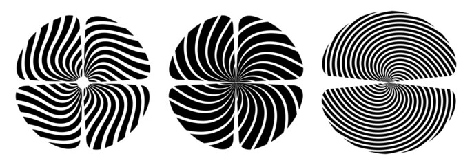 Wall Mural - set of three abstract geometric vector symbols, isolated on white background. four striped petals. f