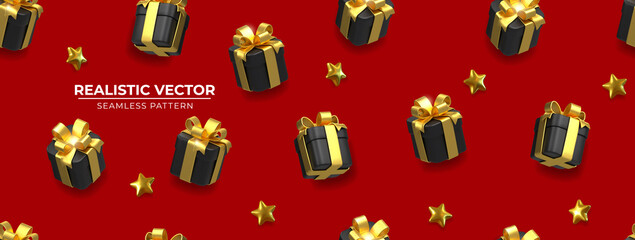 Wall Mural - Seamless pattern of black gift boxes and stars on luxury Red backdrop. Elegant background with gift boxes for Wrapping paper. Festive backdrop with gift boxes. Exquisite 3d objects. Realistic vector