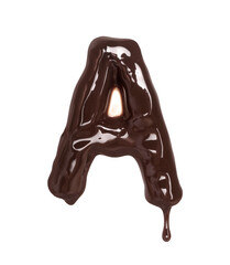 Poster - Latin letter A with dripping drop is made of melted chocolate, isolated on white background