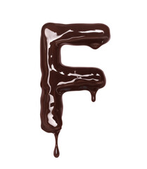 Poster - Latin letter F with drop is made of melted chocolate, isolated on white background