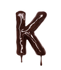 Poster - Latin letter K with drop is made of melted chocolate, isolated on white background