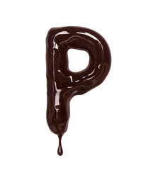 Poster - Latin letter P with drop is made of melted chocolate, isolated on white background