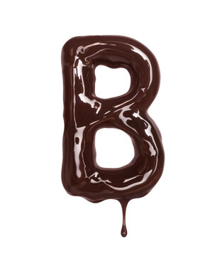 Latin letter B with drop is made of melted chocolate, isolated on white background
