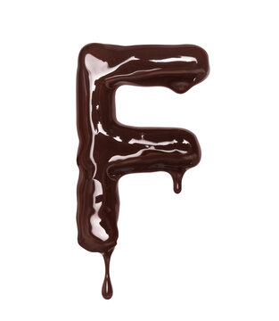 Latin letter F with drop is made of melted chocolate, isolated on white background