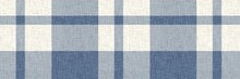French Farmhouse Blue Plaid Check Seamless Border Pattern. Rustic Tonal Country Kitchen Gingham Fabric Effect. Tartan Cottage 2 Tone Background Ribbon Trim Edge.