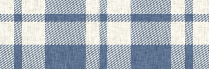French farmhouse blue plaid check seamless border pattern. Rustic tonal country kitchen gingham fabric effect. Tartan cottage 2 tone background ribbon trim edge.