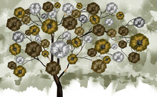 3d Illustration Painted Mural Wallpaper.
Tree With Golden And White And Brown Flowers In Light Background