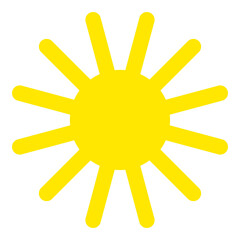 Sun with even rays, flat style. Sunny weather day. Silhouette of yellow bright sun isolated on white background. Vector illustration