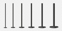 Realistic Metal Poles Collection Isolated On Transparent Background. Glossy Black Steel Pipes Of Various Diameters. Billboard Or Advertising Banner Mount, Holder. Vector Illustration.