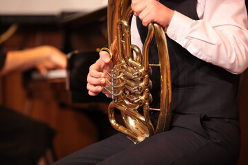 Wall Mural - Student playing tuba in music class.The concept of music education and school development of children